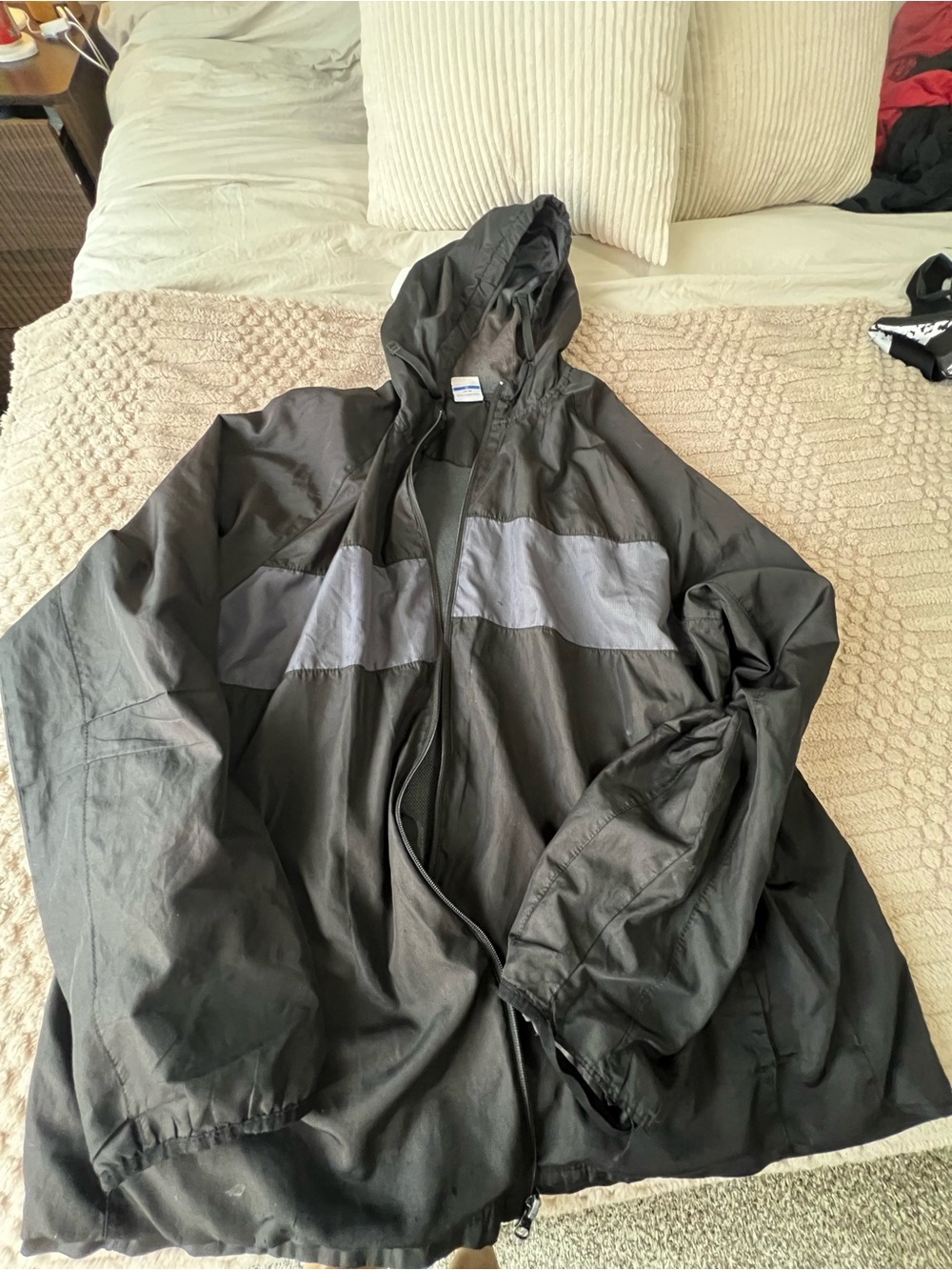 Men's Black Hooded Windbreaker with Gray Chest Panel